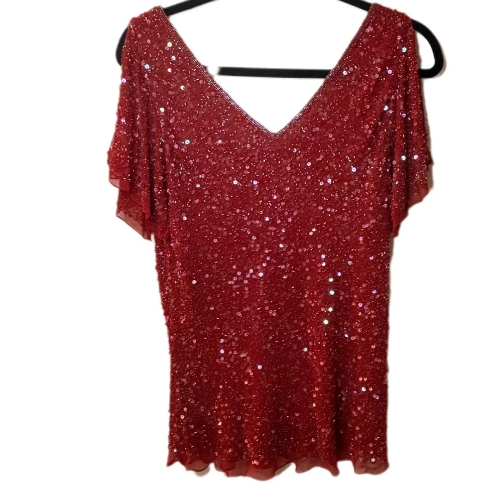 Papell botique evening red sequined top silk dressy formal xl - Picture 2 of 8